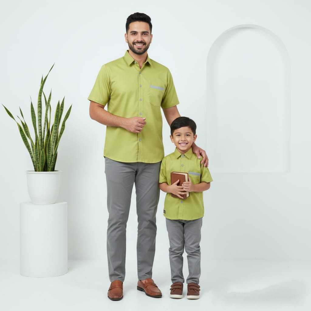 Baju Couple Keluarga Lebaran Kemeja Couple Ayah Dan Anak Lengan Pendek Polos LIme
