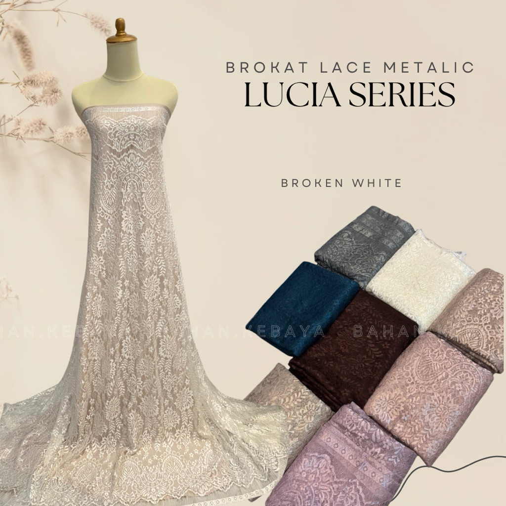 Bahan Kebaya Brokat Lace Metalic Lucia Panel Series Warna Broken White Putih Tulang