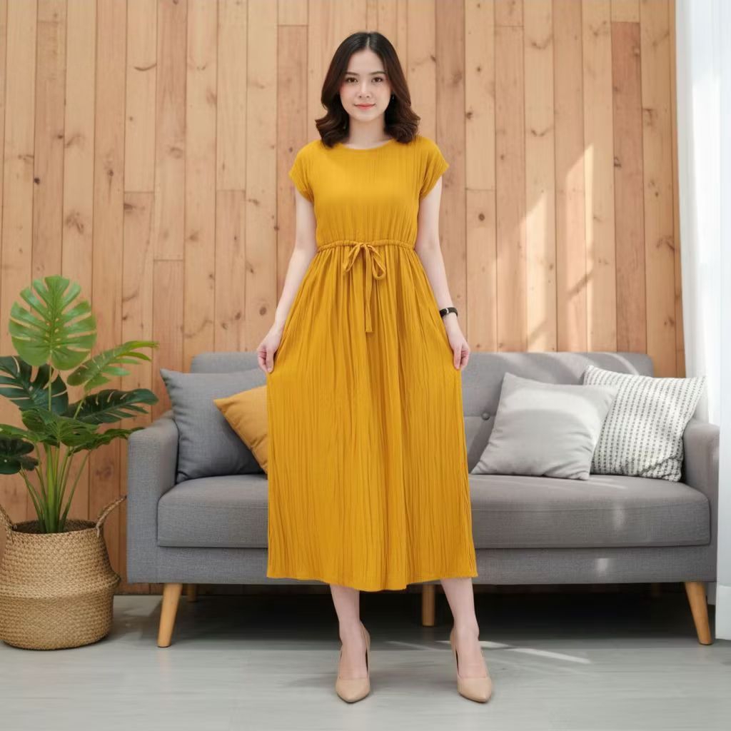 Dress Midi Plisket Import Terbaru 2025 / Dress Wanita / Dress Korea / Dress Plisket Murah / Dress Ju