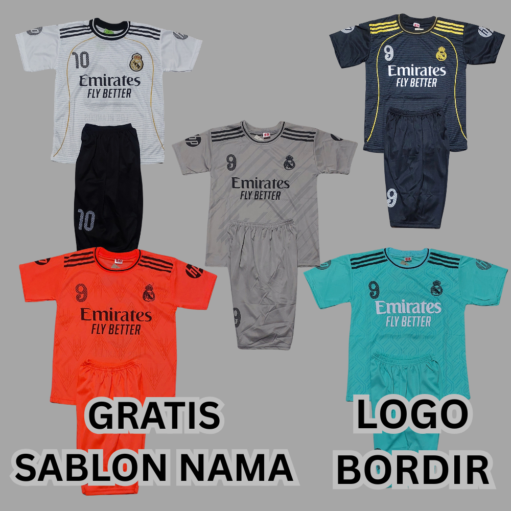 setelan baju bola real madrid hitam gratis nama/jersey madrid hitam usia 0-13thn