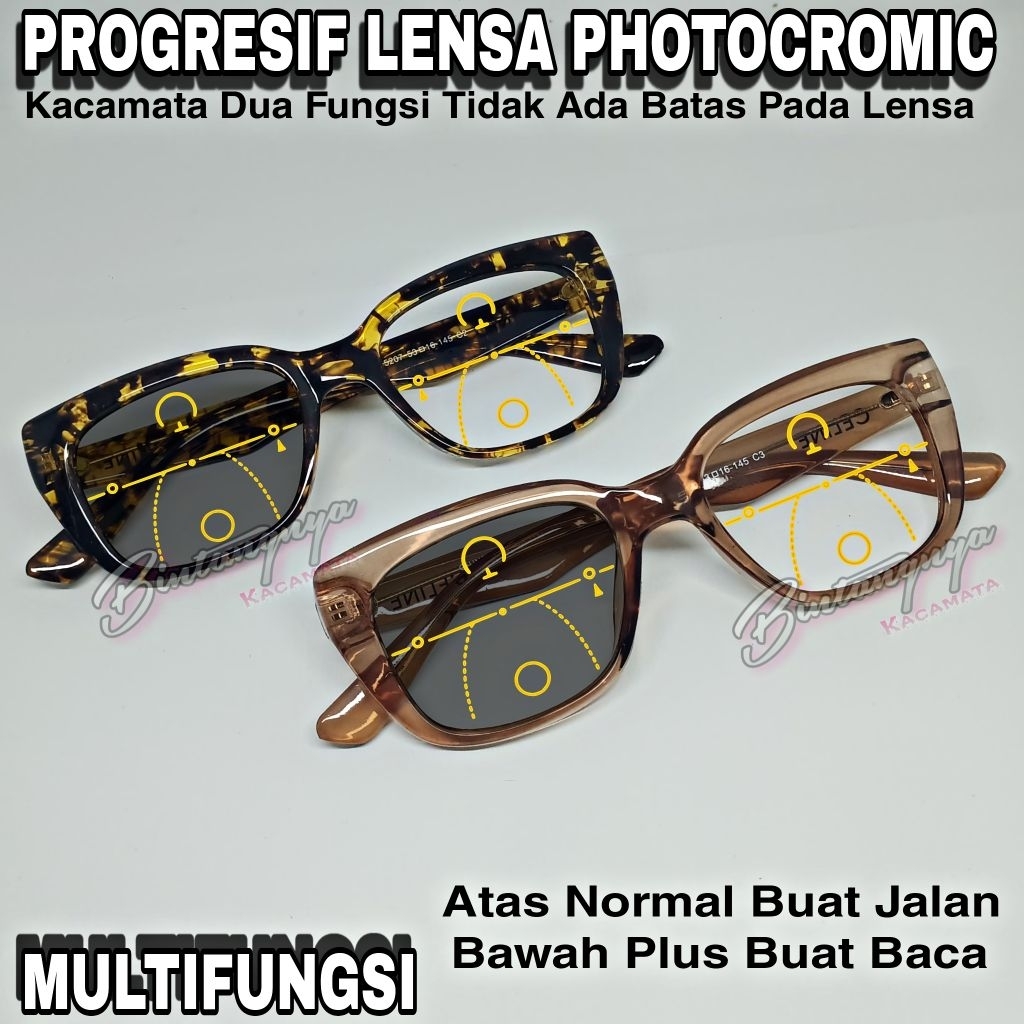 Kacamata Progresif Photocromic Wanita 5207 Baca dan Jalan Atas Normal Bawah Plus