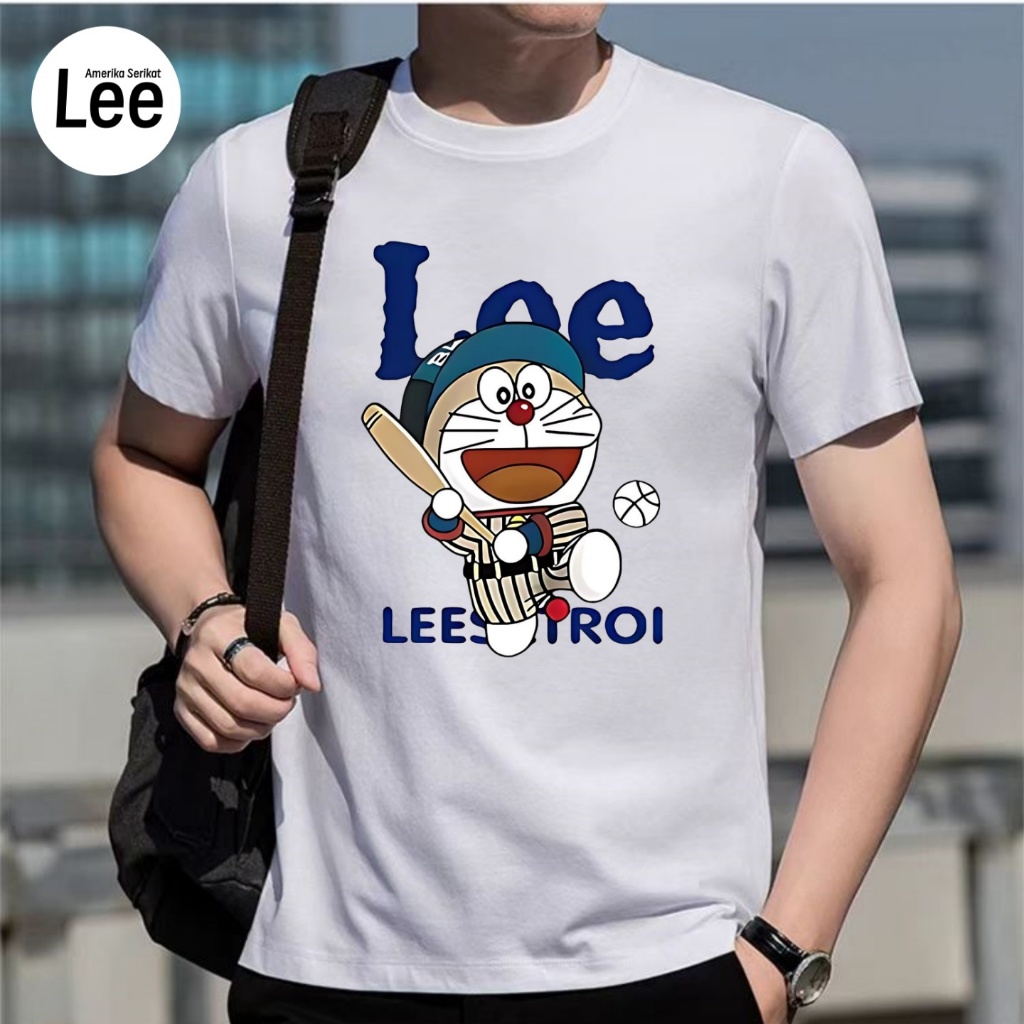 COD-Kaos Pria Lee Original Desain Grafis Doraemon Baseball "Lee" Keren Baju Pria OOTD Fashion Putih