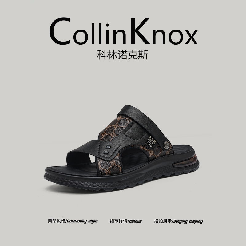 Sandal Pria Platform - Tali Perekat Kulit Desain Berlogo Motif, Sol Bantal Udara yang Nyaman untuk G