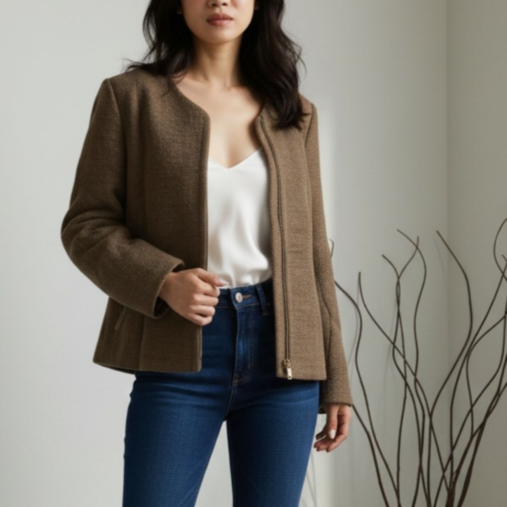 Preloved Massimo Dutti khaki green collarless zip jacket