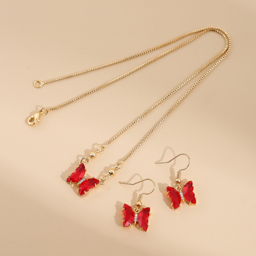 HAX Jewelry Set Perhiasan Kupu Emas untuk Wanita Dewasa,kalung+anting Anti karat Gold warna