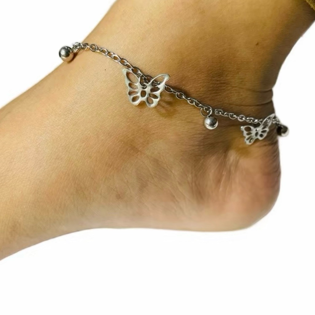 GELANG KAKI TITANIUM MANIK KUPU-KUPU SILVER