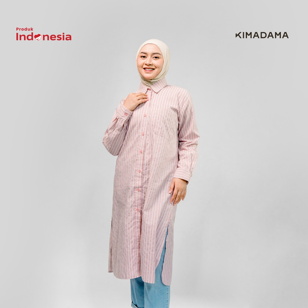 Tunik Dress Katun Wanita KAMANIYA Salmon | Kemeja Tunik Midi Dress Stripes Premium Casual