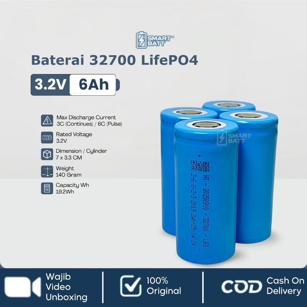 Baterai LifePO4 3.2V 6Ah 32700 19.2Wh Setrum PDC PAC PJU 6000mAh Battery Motor Listrik PLTS UPS - BT