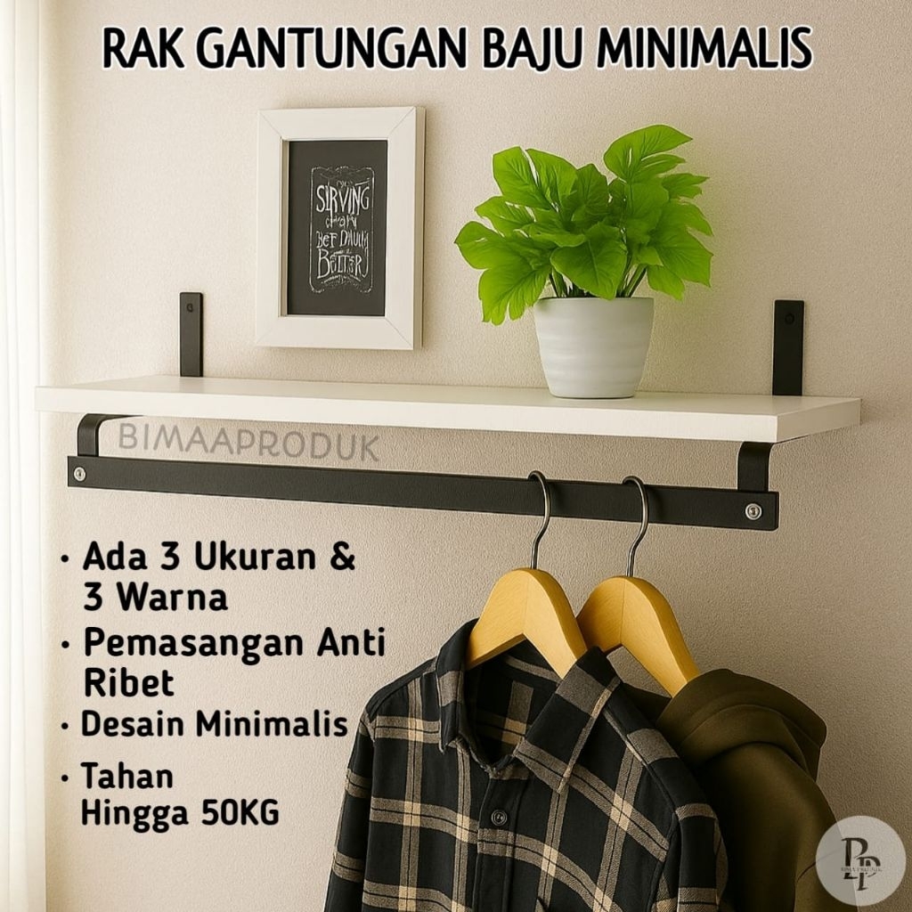 Rak Gantungan Baju Dinding Minimalis Modern | Rak Serbaguna Besi Kayu Estetik untuk Kamar Kos & Ruma