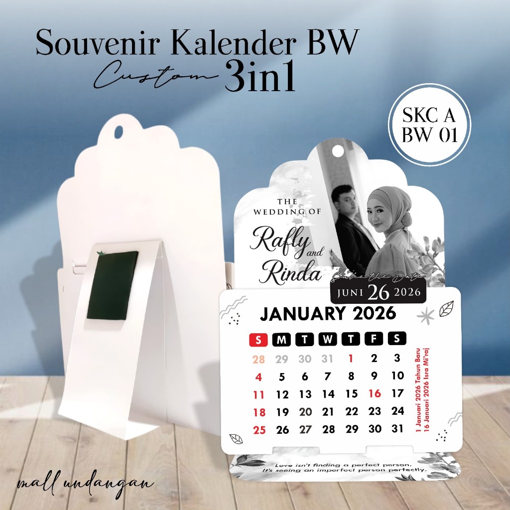 SOUVENIR KALENDER 3IN1 CUSTOM FOTO UNIK 2026 - SOUVENIR PERNIKAHAN KALENDER MEJA HITAM PUTIH