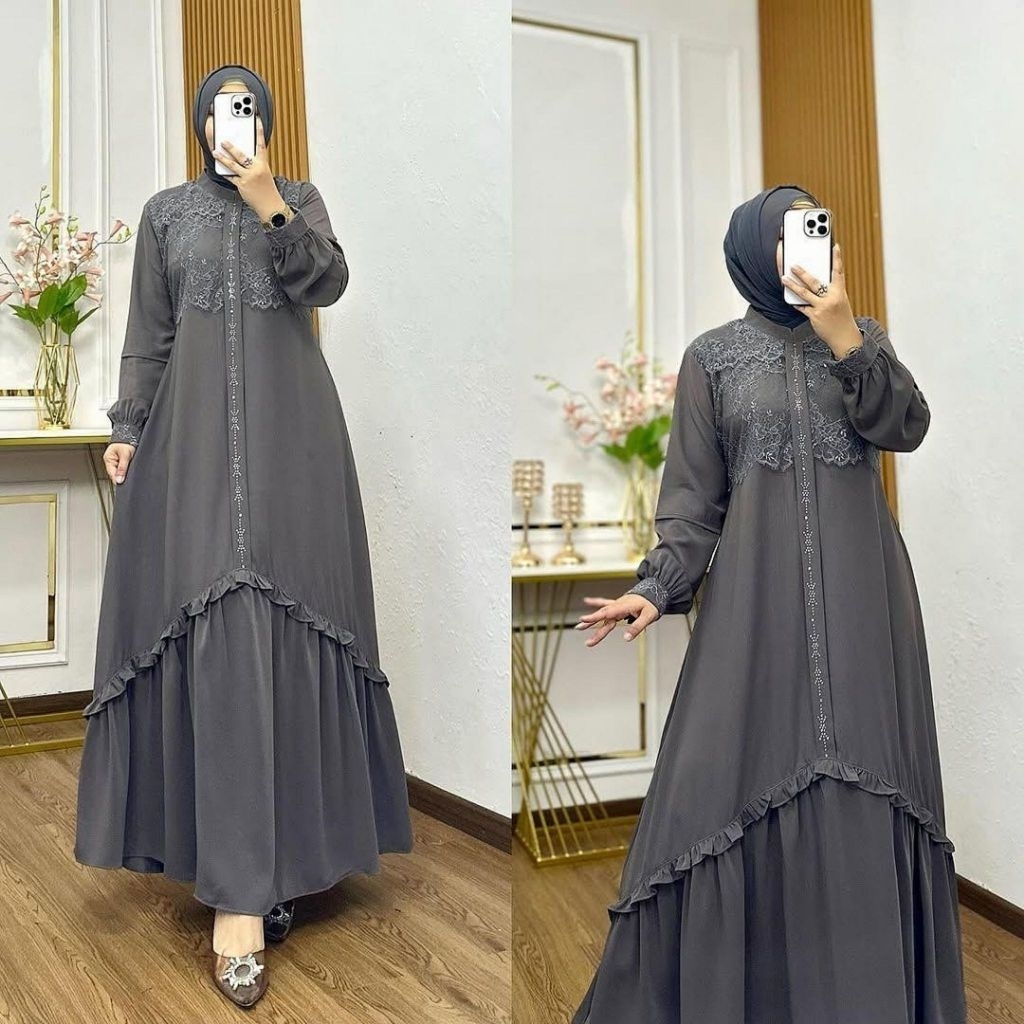 Dress Laluna Belle Gamis Wanita Pesta Elegant Mewah Berbahan Premium Ceruty Babydoll Mix Brukat