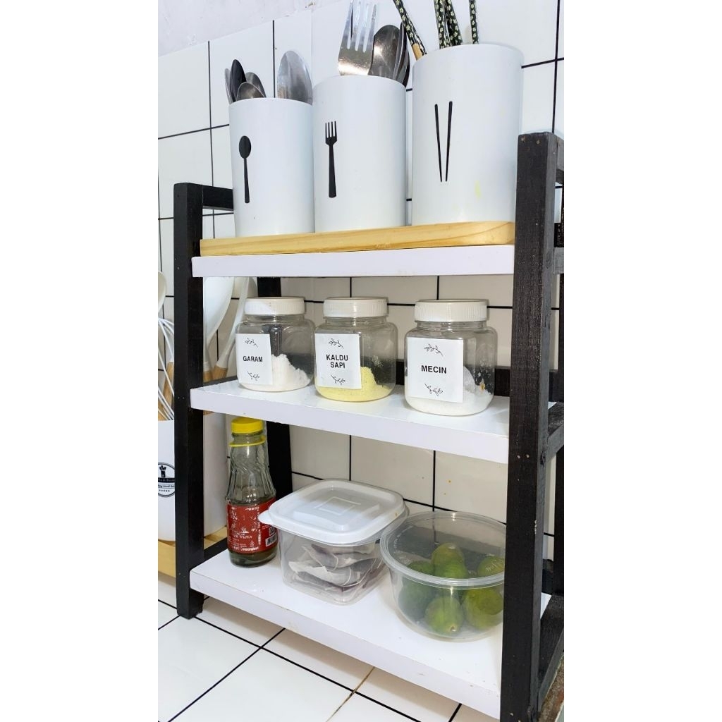 Rak bumbu 3 susun warna hitam / rak kayu serbaguna / rak multifungsi