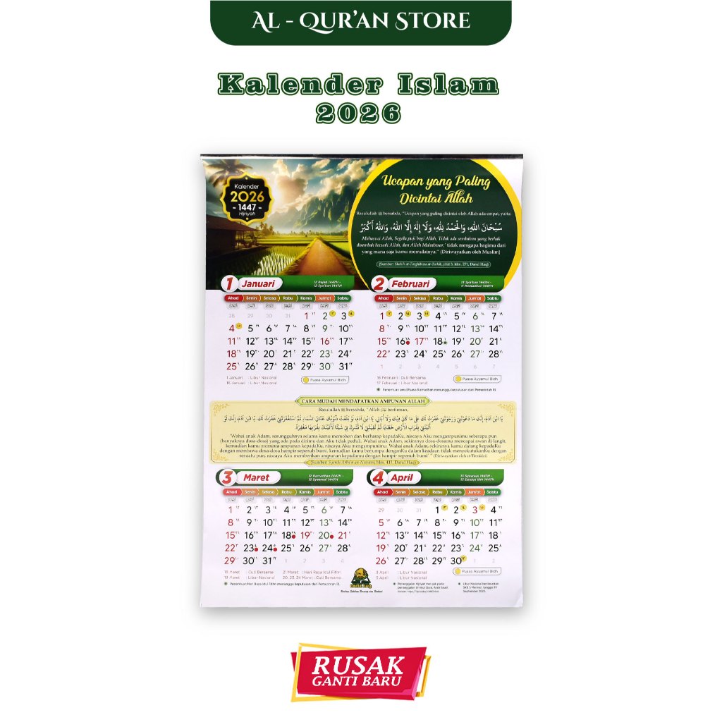 Kalender Muslim Islami 2026 Kalender Harian Muslim 2026 Art Paper (29,5 x 45 cm)  Calender Darul Haq