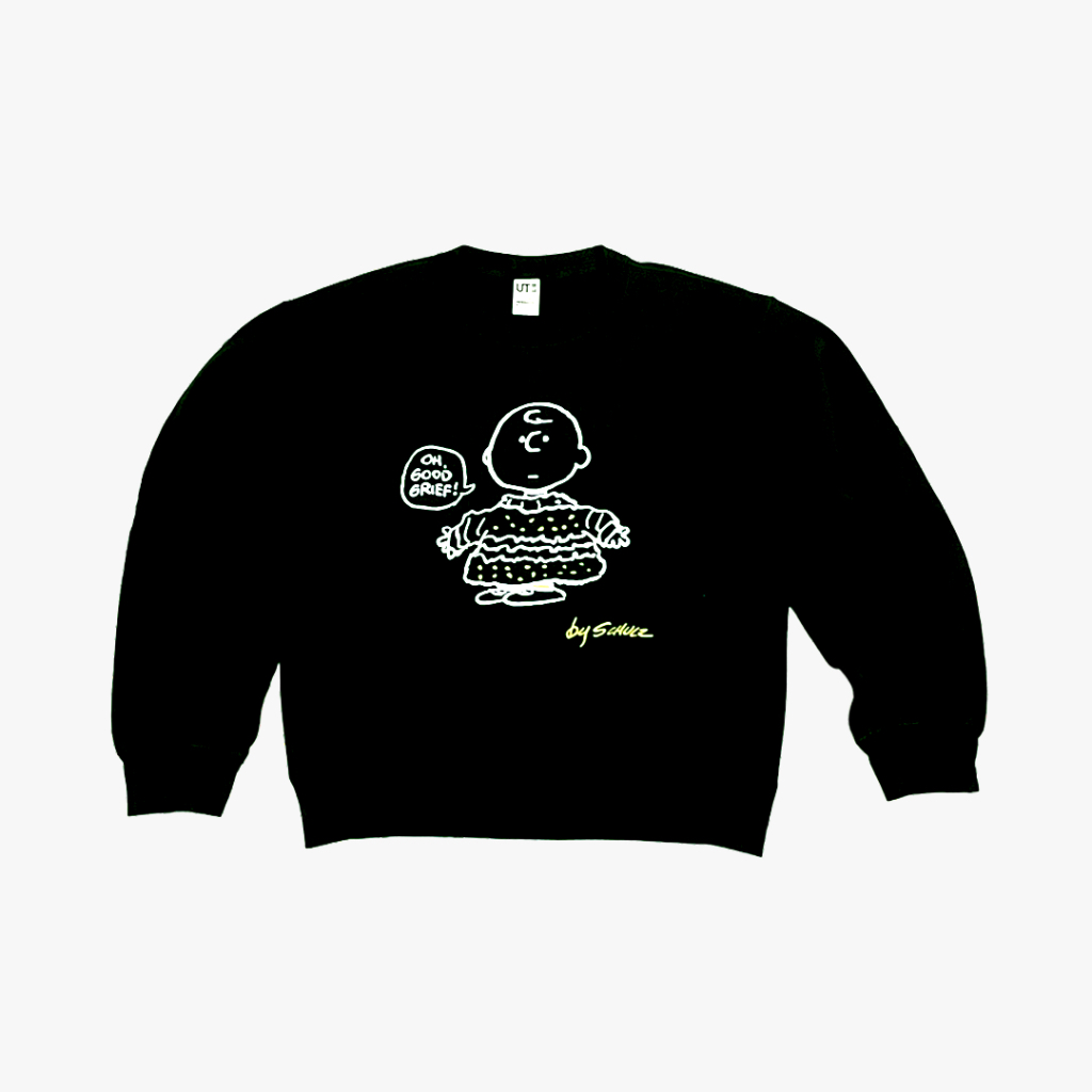 UNIQLO x PEANUTS Sweater Charlie Brown “Oh Good Grief” Crewneck Hitam – Koleksi UT Lengan Panjang