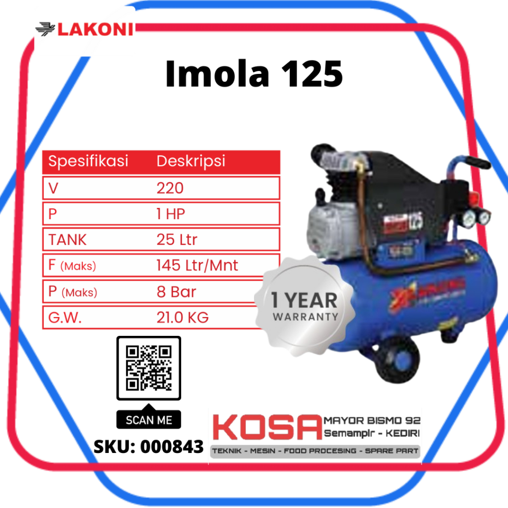 LAKONI Imola 125 Kompresor Angin 25L 1Hp LAKONI Compresor IMOLA 125 Kompresor Cat 25L 1Hp IMOLA 125