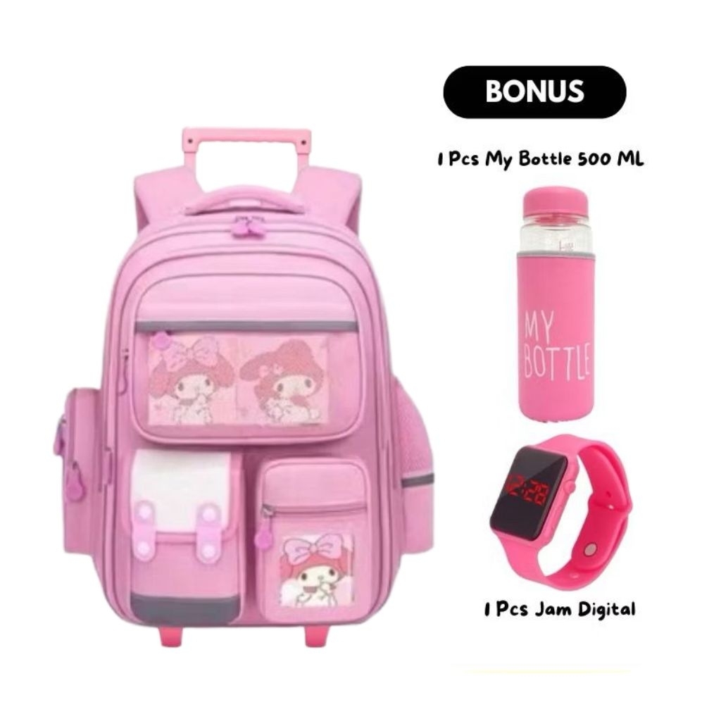 Tas Ransel Troli 3in1 Melody Ransel Anak Sekolah Perempuan TK SD SMP Free ATK+Botol Minum+Tempat Pen