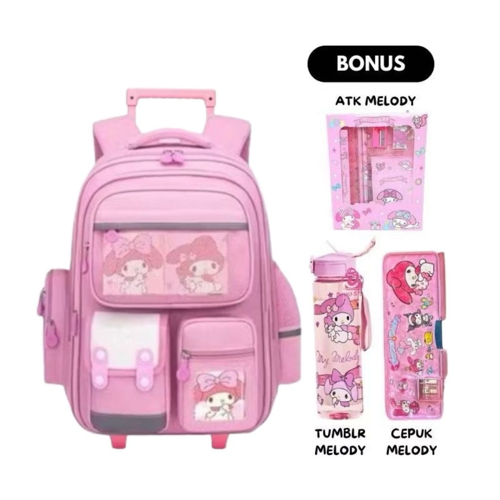 Tas Ransel Troli 4in1 Melody Ransel Anak Sekolah Perempuan TK SD SMP Free  ATK+Botol Minum+Tempat Pe
