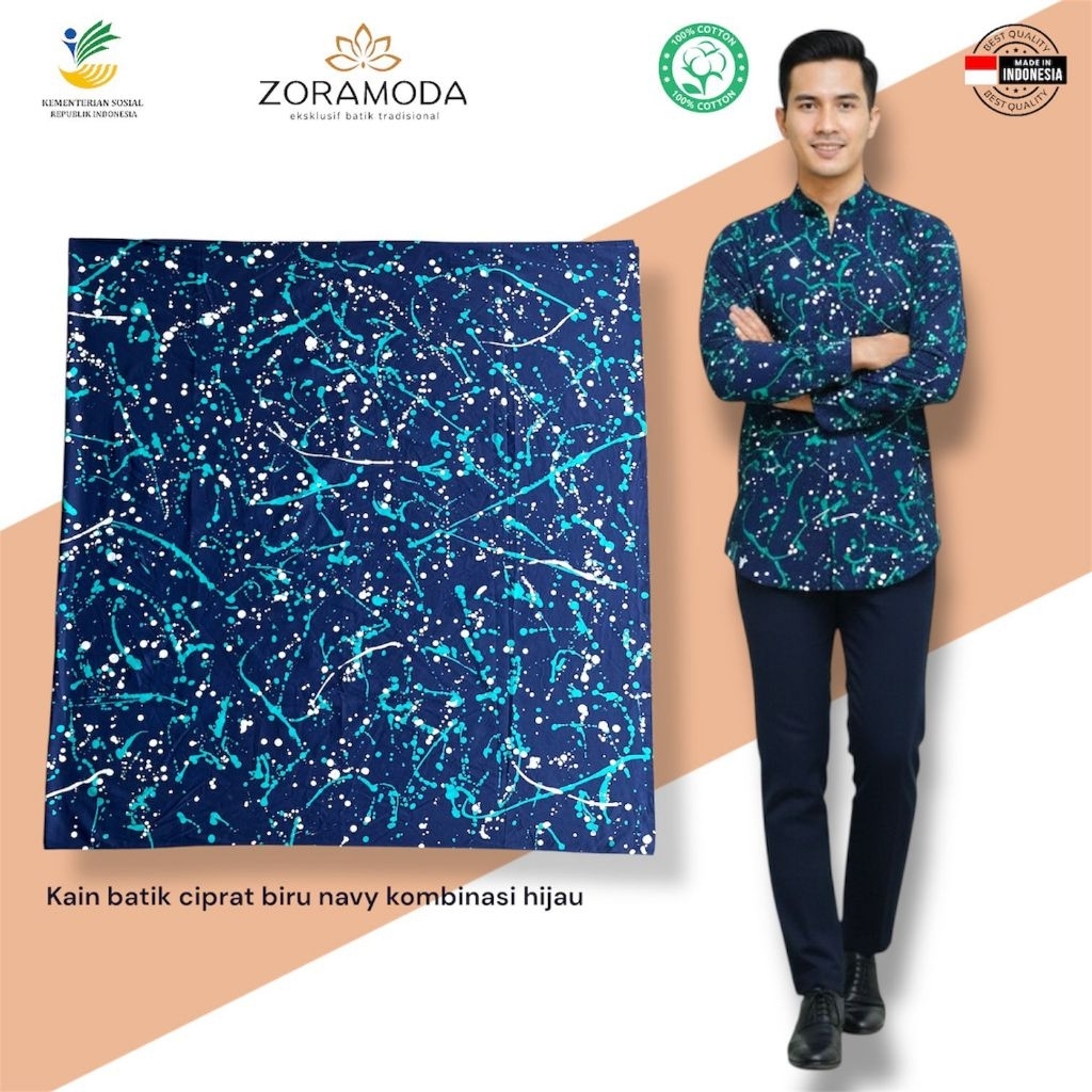 Kain Batik Ciprat Toska Khas Kemensos - Katun Premium Handmade Batik Ekslusif Warna Biru Navy Kombin