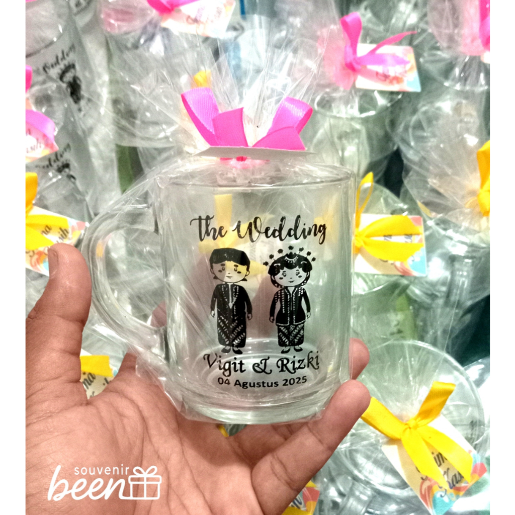 Souvenir Gelas Kaca Pernikahan Cangkir Sablon Nama | Nikahan | Ultah | Khitanan