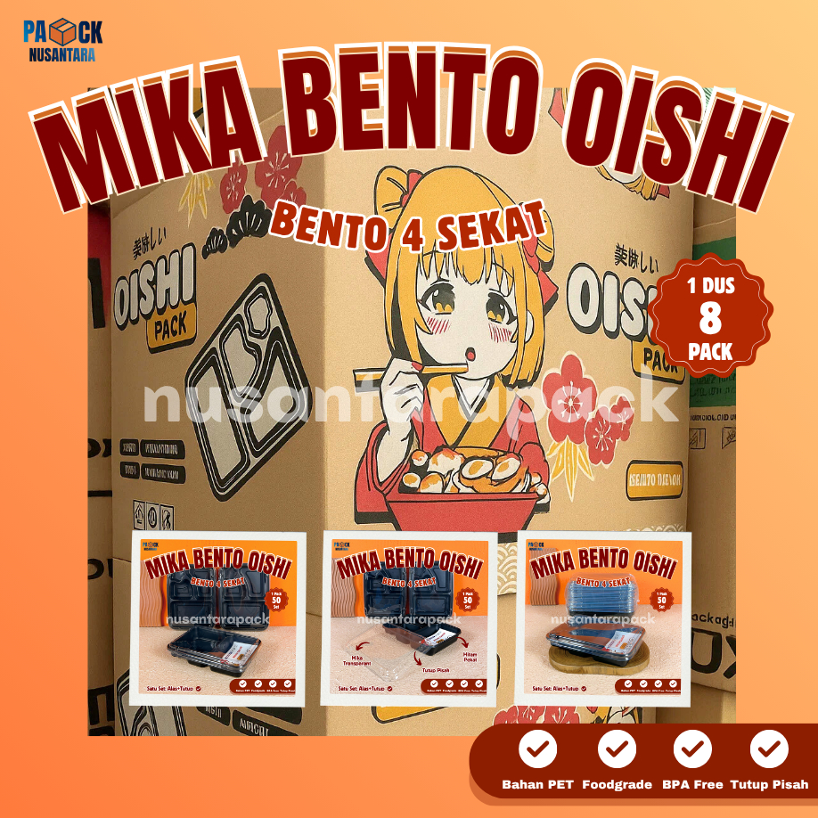 [DUS] Mika Bento Sekat 4 Bintang Oishi Lux Tray Hitam Tutup Mika Bening Kemasan Makanan Foodgrade