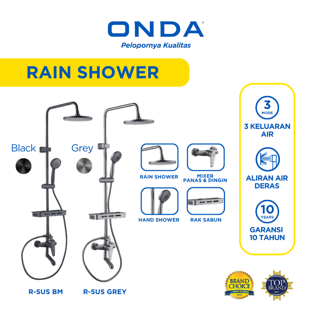 TERLARIS ONDA Rain Shower Set Kamar Mandi 3 in 1 Shower Tiang Komplit Kran Panas Dingin R-SUS Grey