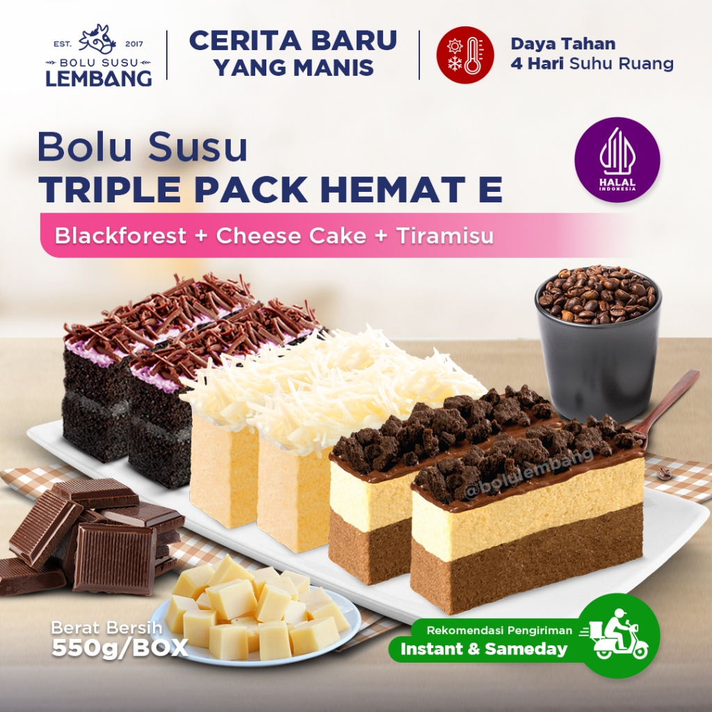Bolu Susu Lembang - Triple Pack E (Reguler - Blackforest + Cheese Cake + Tiramisu) Oleh-oleh Khas Ba