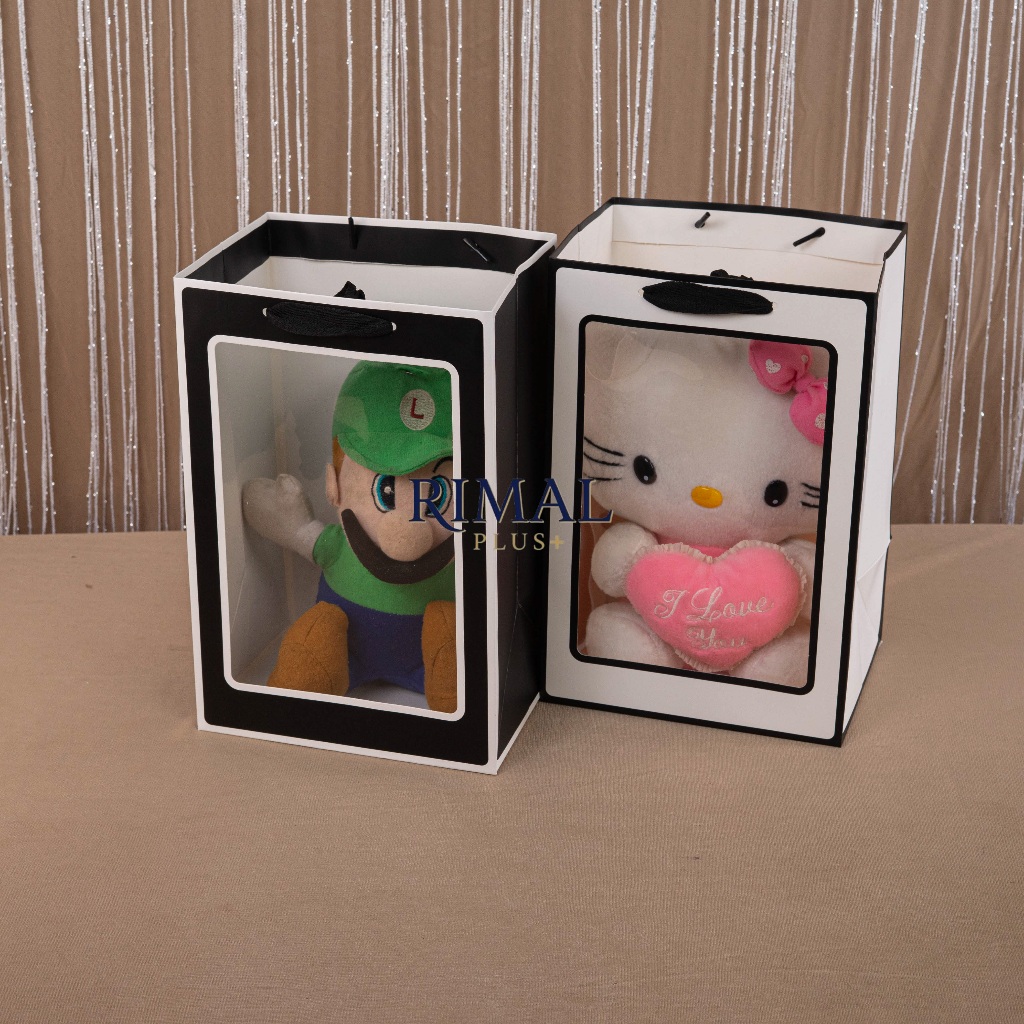 Paper Bag Mika Transparan List Hitam Putih Premiun Dengan Tali Untai Flat Fabric Handles  | Tas Kado