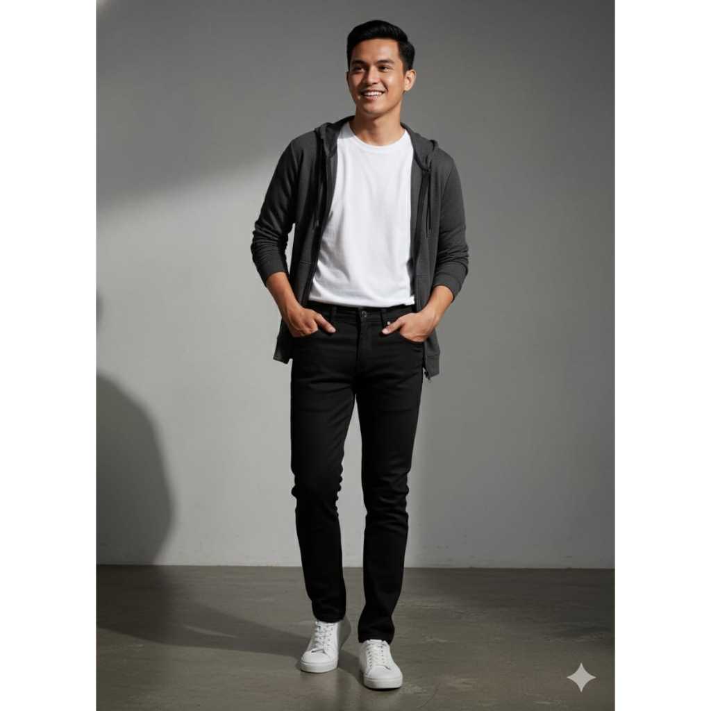 Daone Celana Jeans Denim Pria Panjang Slimfit Melar Hitam Pekat