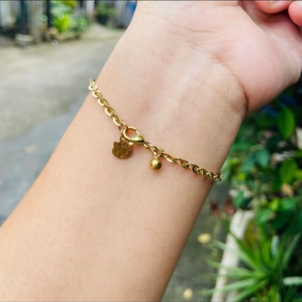 GELANG TANGAN TITANIUM RANTAI NORI KACA MANIK BOBA KITTY