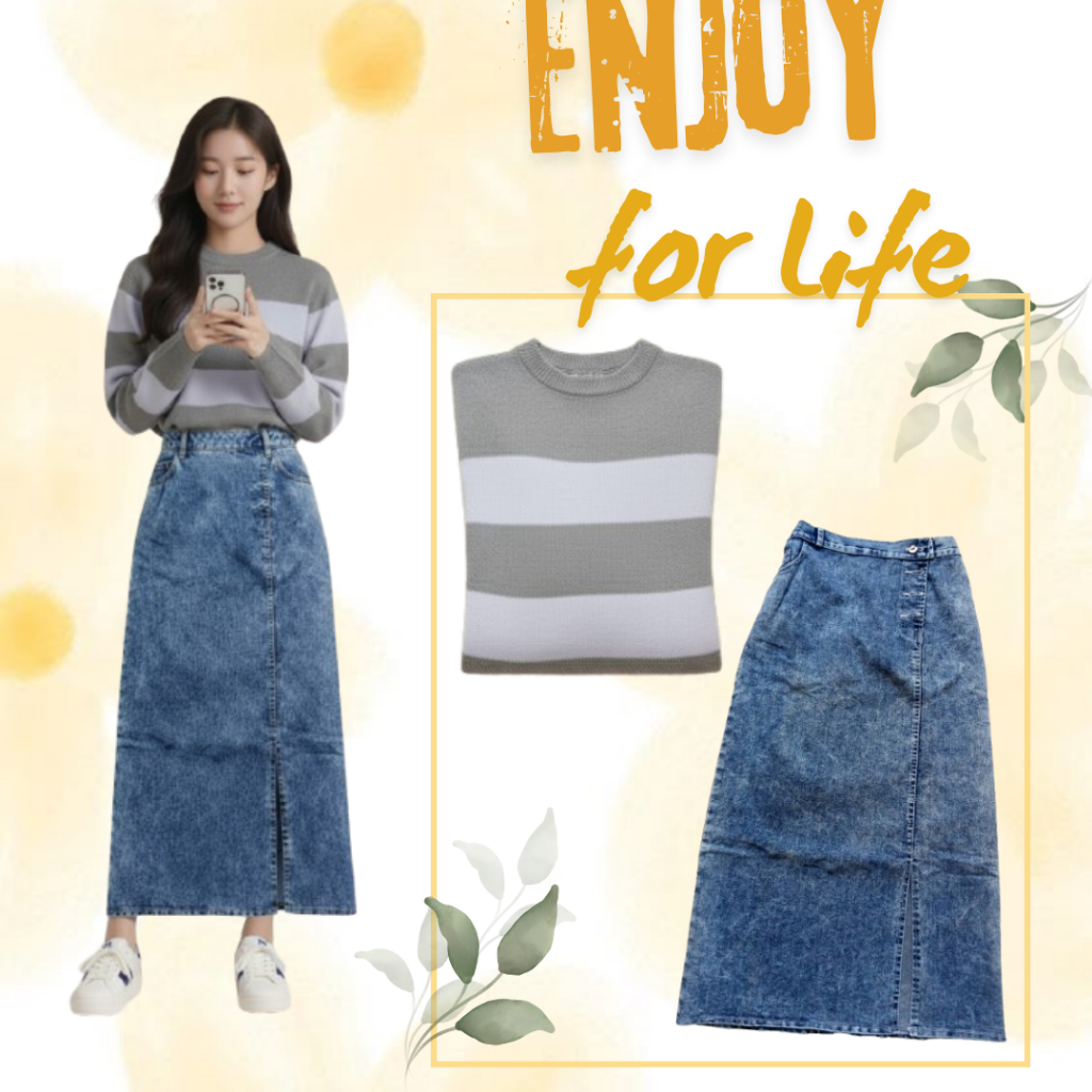 Baju One Set Wanita ( Sweater Rajut + Rok Jeans ) Setelan Cewek Kekinian / OOTD Remaja - ME04