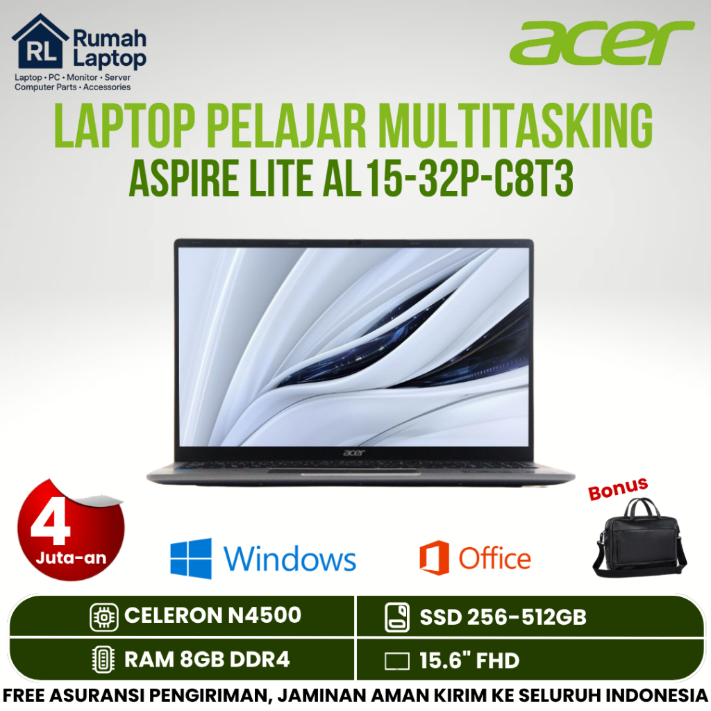 Laptop Pelajar Acer Aspire Lite 15 - C8T3 Intel Celeron N4500 Ram 8GB SSD 512GB 15.6" Full HD IPS