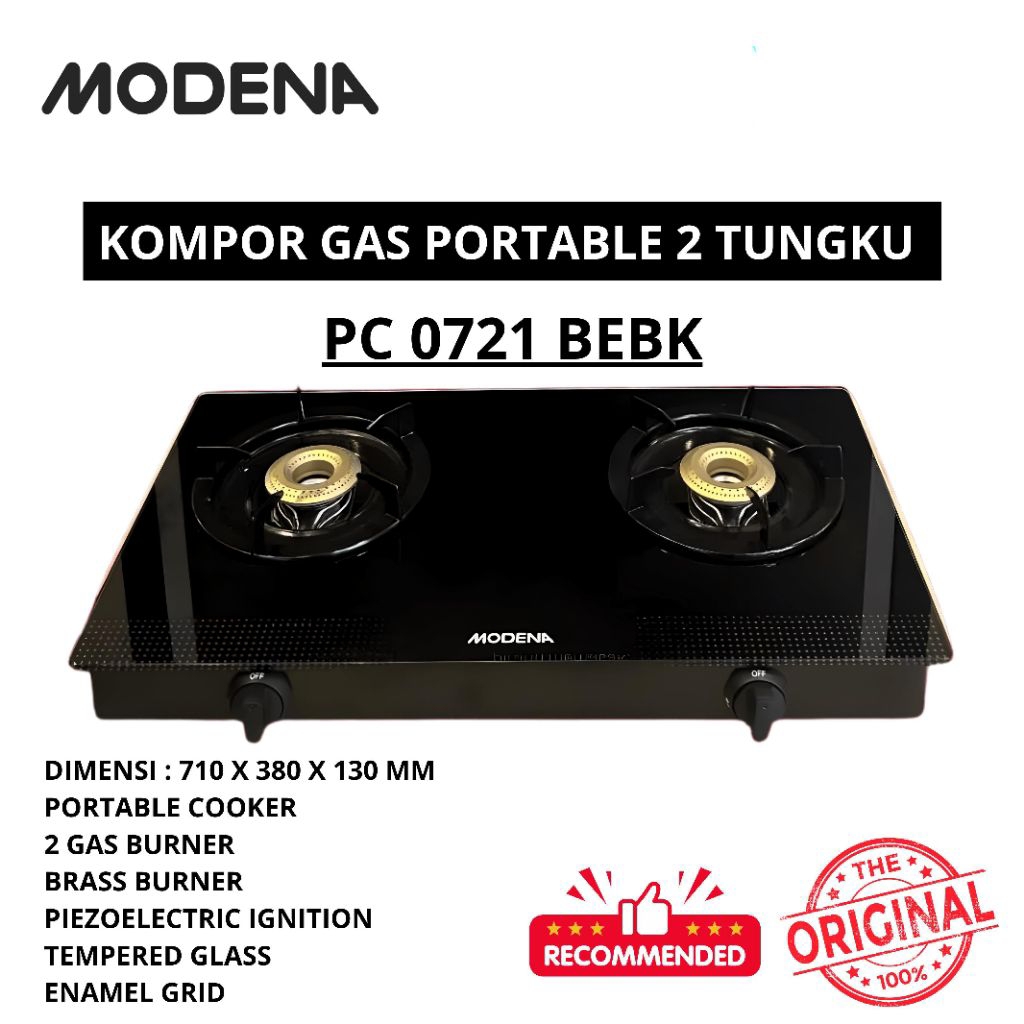 KOMPOR GAS MODENA PORTABLE PC 0721 BEBK 2 TUNGKU KACA [GARANSI RESMI]