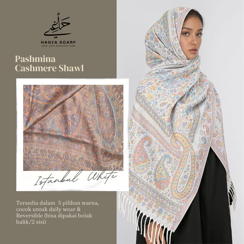 BY HAGIA SCARF - PASHMINA CASHMERE SHAWL ISTANBUL SERIES WARNA WHITE READY STOCK