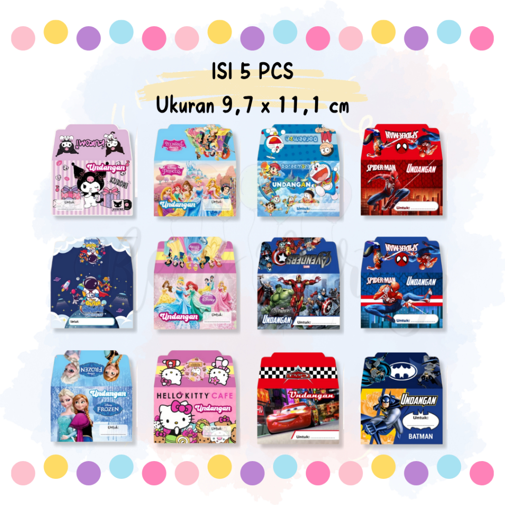 KARTU UNDANGAN ULANG TAHUN ANAK MOTIF KARAKTER KARTUN ISI 5 PCS