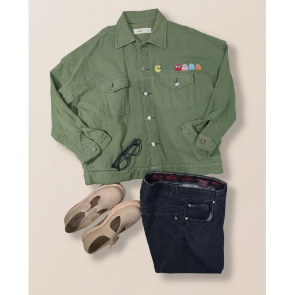Jaket Oversize Army Rubylicious Unisex Tebal Bordir Karakter Retro Preloved Like New