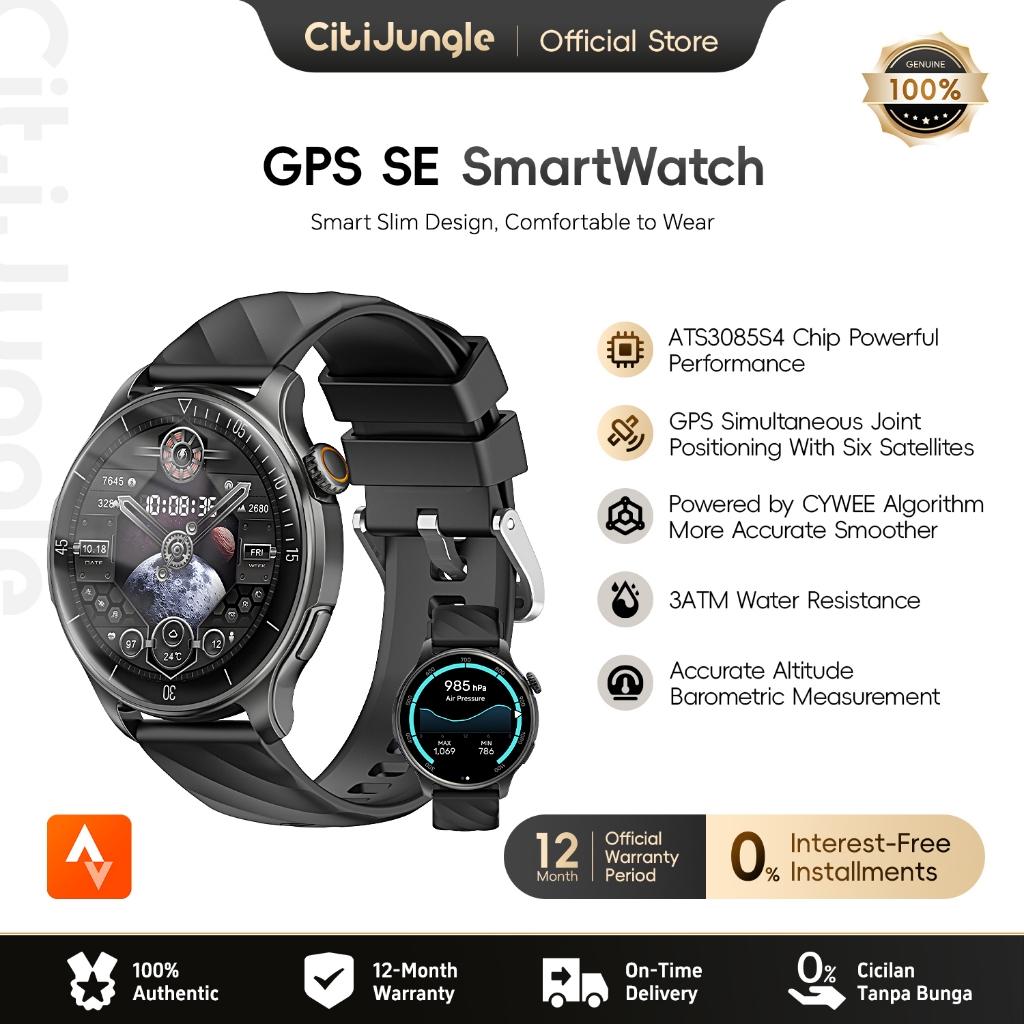 Citijungle Smartwatch GPS SE Olahraga — Tahan Air 3ATM, GPS Ganda, Dukungan Strava, Wajib untuk Petu