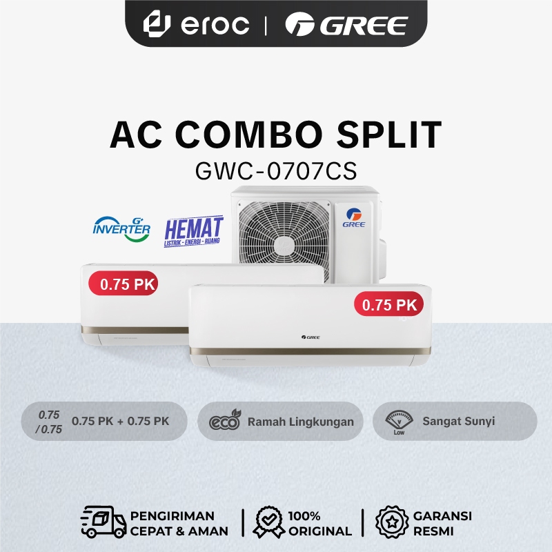 GREE AC COMBO SPLIT - INVERTER -PUTIH [2 INDOOR 3/4 PK + 3/4 PK & 1 OUTDOOR] MODEL GWC-0707CS