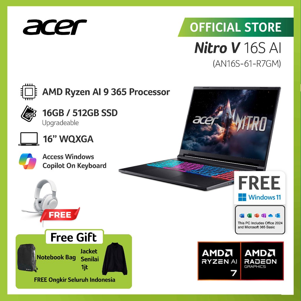 (FREE EXCLUSIVE JACKET & HEADPHONE) ACER LAPTOP GAMING NITRO 16S AI SLIM AN16S-61-R7GM GRAPHICS NVID
