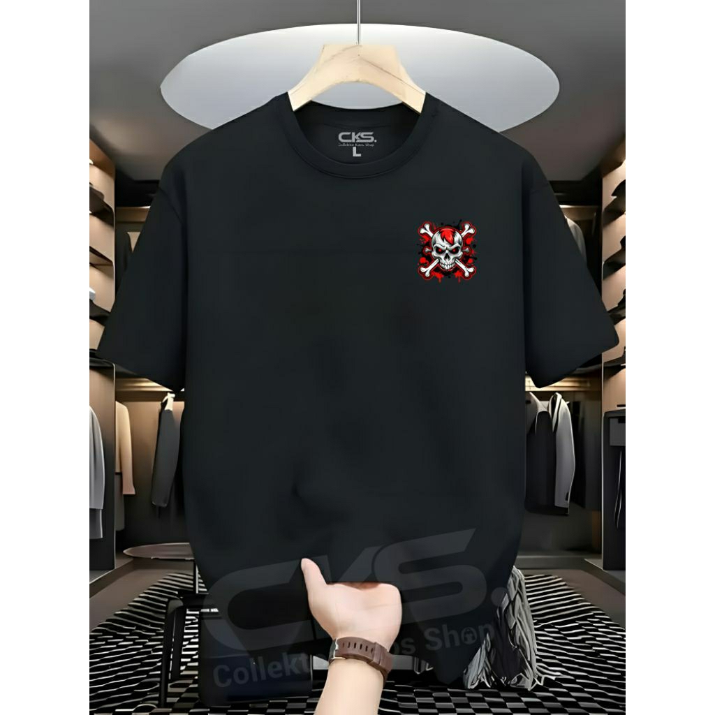 Kaos Lengan Pendek Pria Wanita Kaos Unisex T-shirt Pria Wanita Motif Tengkorak Merah Samping
