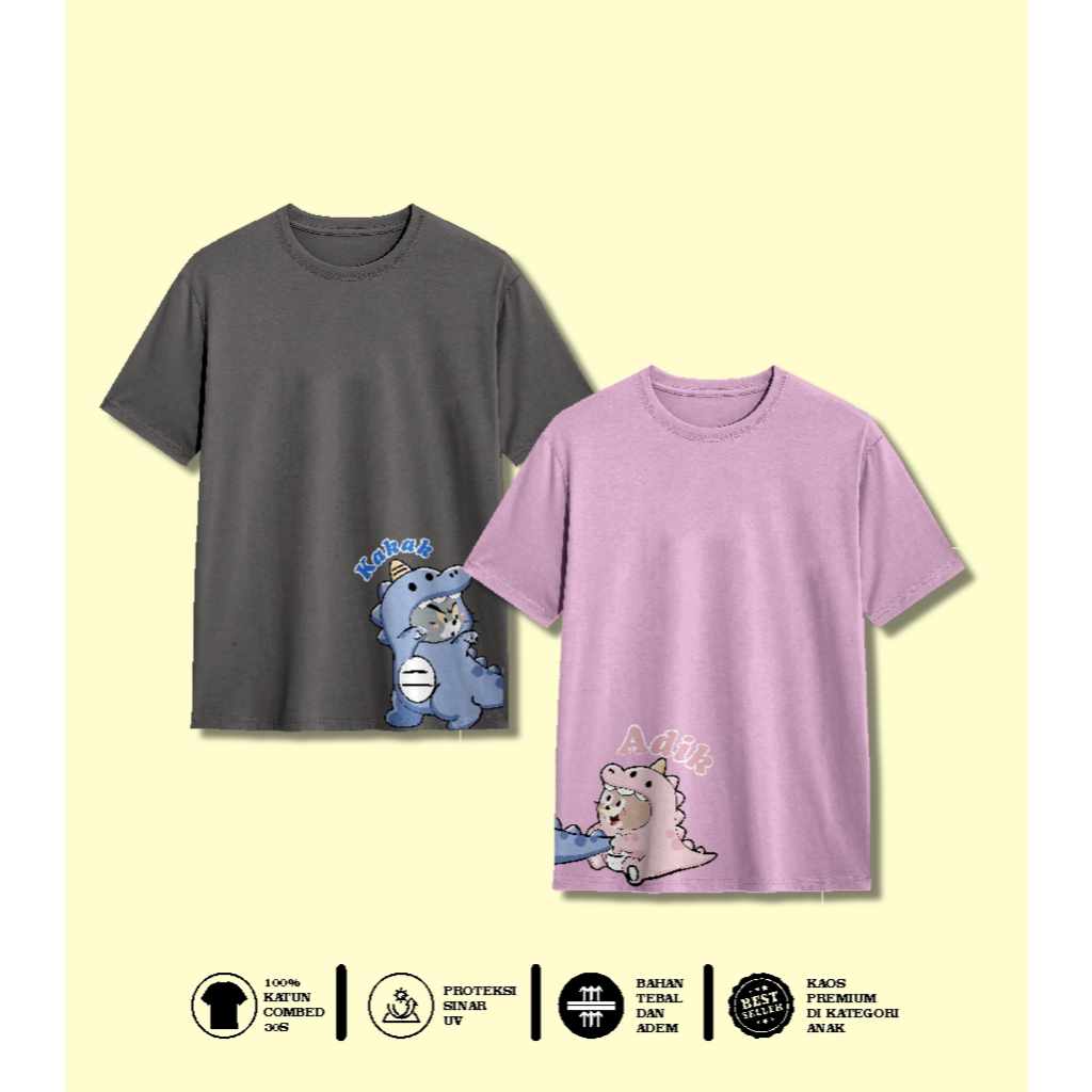 Kaos Couple Kakak Adik Dino Lucu – Baju Anak Laki Perempuan Premium Kombed 30s | Set Dino Kakak Adik