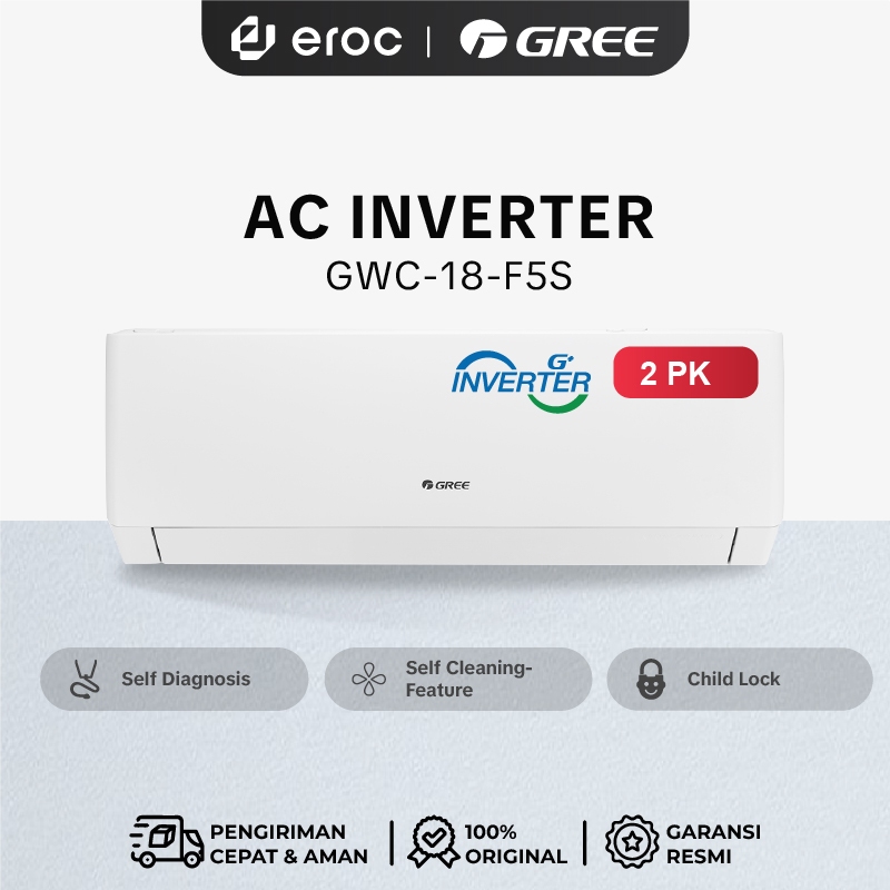 GREE AC Inverter 2 PK - GWC-18F5S - Inverter  F5S Series - With Smart Cleaner System & Power Drop