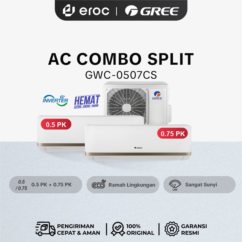 GREE AC COMBO SPLIT - INVERTER - PUTIH [2 INDOOR 0.5 PK + 3/4 PK & 1 OUTDOOR] MODEL GWC-0507CS