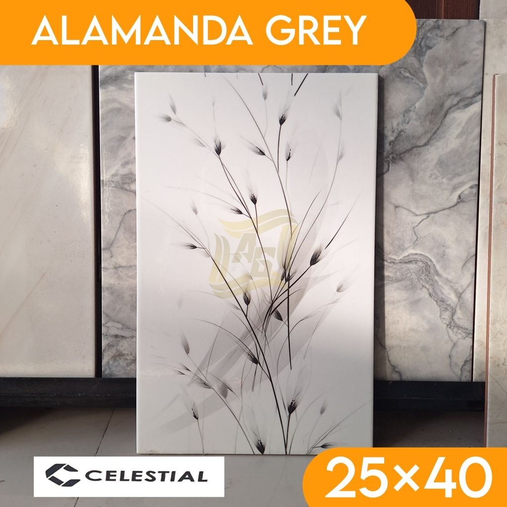 Keramik dinding 25×40 murah CELESTIAL Alaamanda grey motif bunga glossy keramik dinding kamar mandi,