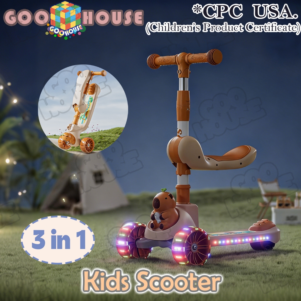 Skuter Anak 3 in 1 Kids Scooter Anak Mainan Roda Tiga Musik Lampu Skuter Mainan Lipat 2-12 Tahun