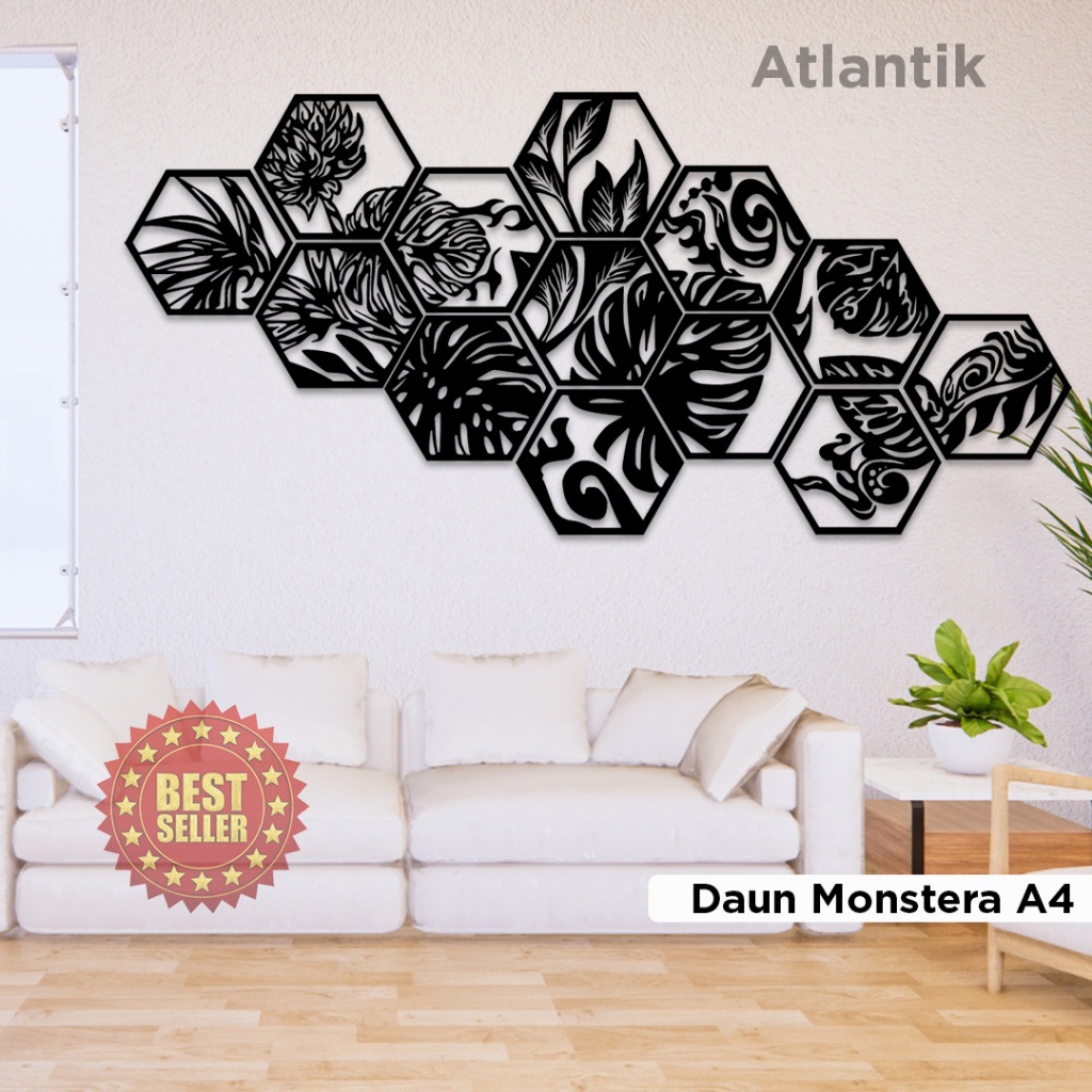 Hiasan Dinding Hexagonal Elegan Hiasan dinding ukuran besar ukiran kayu (Daun Monstera)
