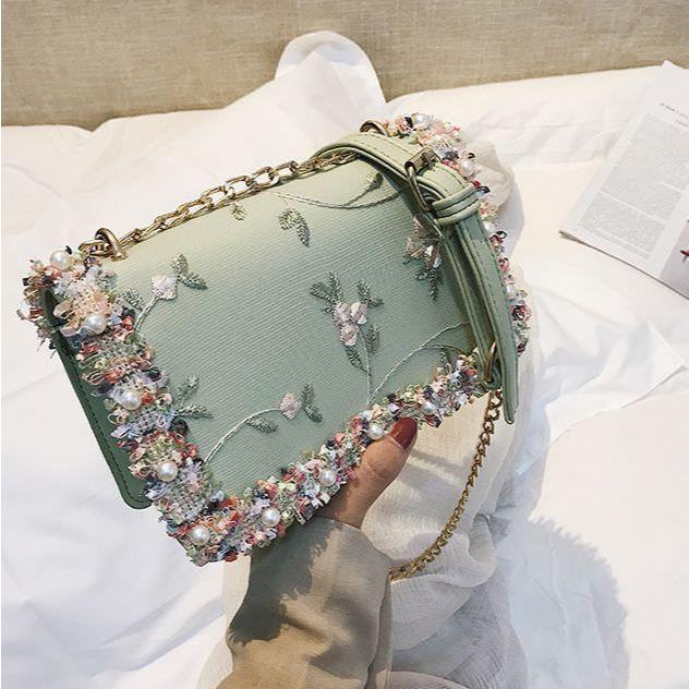 Tas Pesta Mewah Premium Import | Mini Sling Bag Bordir Floral Renda Mutiara Tali Rantai [TB284934]
