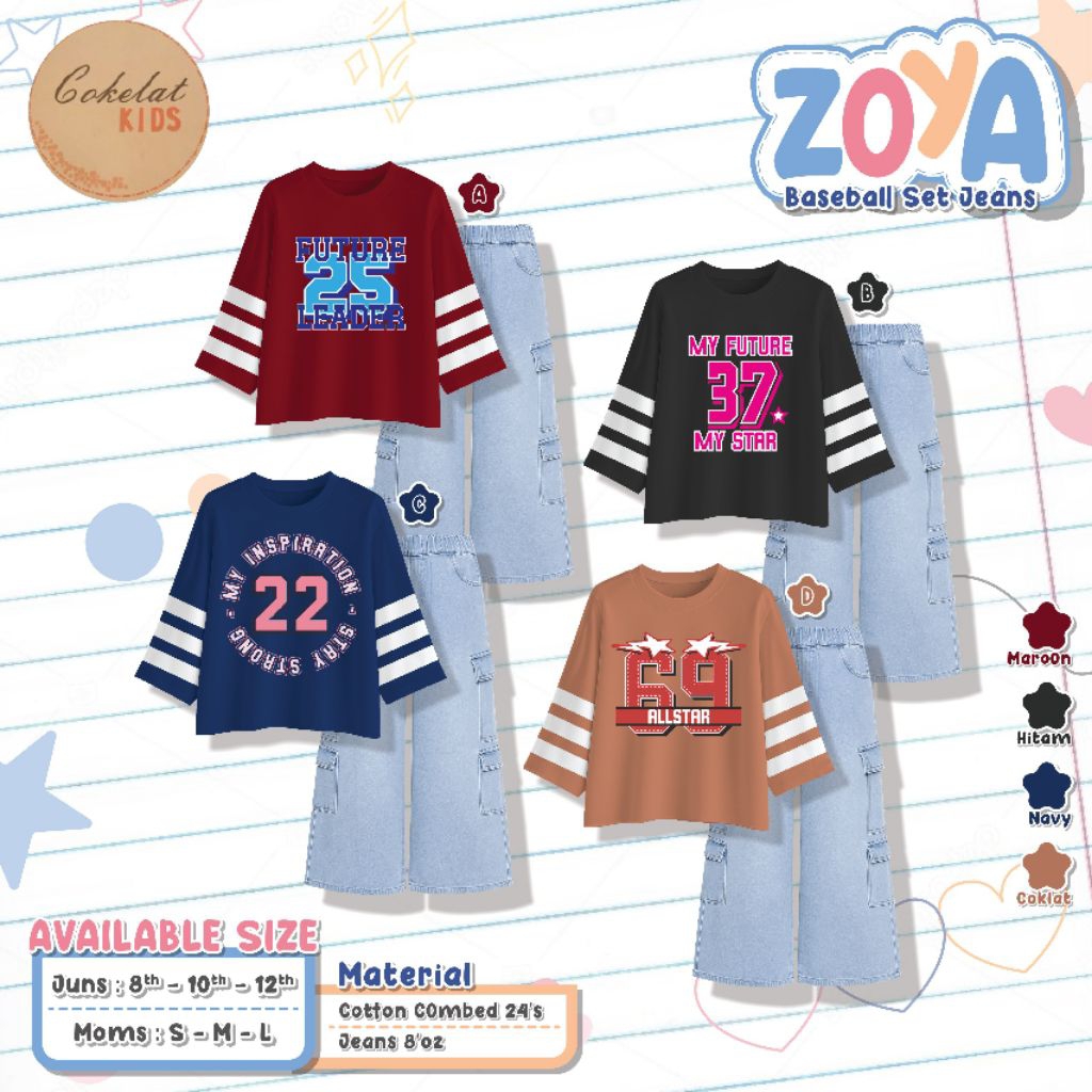 PO‼️setelan anak cewek couple mom&kids Zoya Baseball Set Jeans by cokelat kids 8-12y