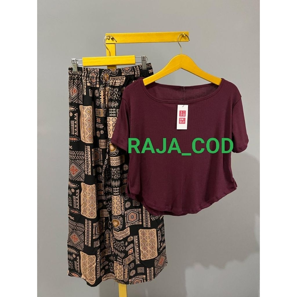 One set Kulot Rayon Motif / Atasan Crop Top Knit Wanita Lengan Pendek / Setelan Wanita Kekinian