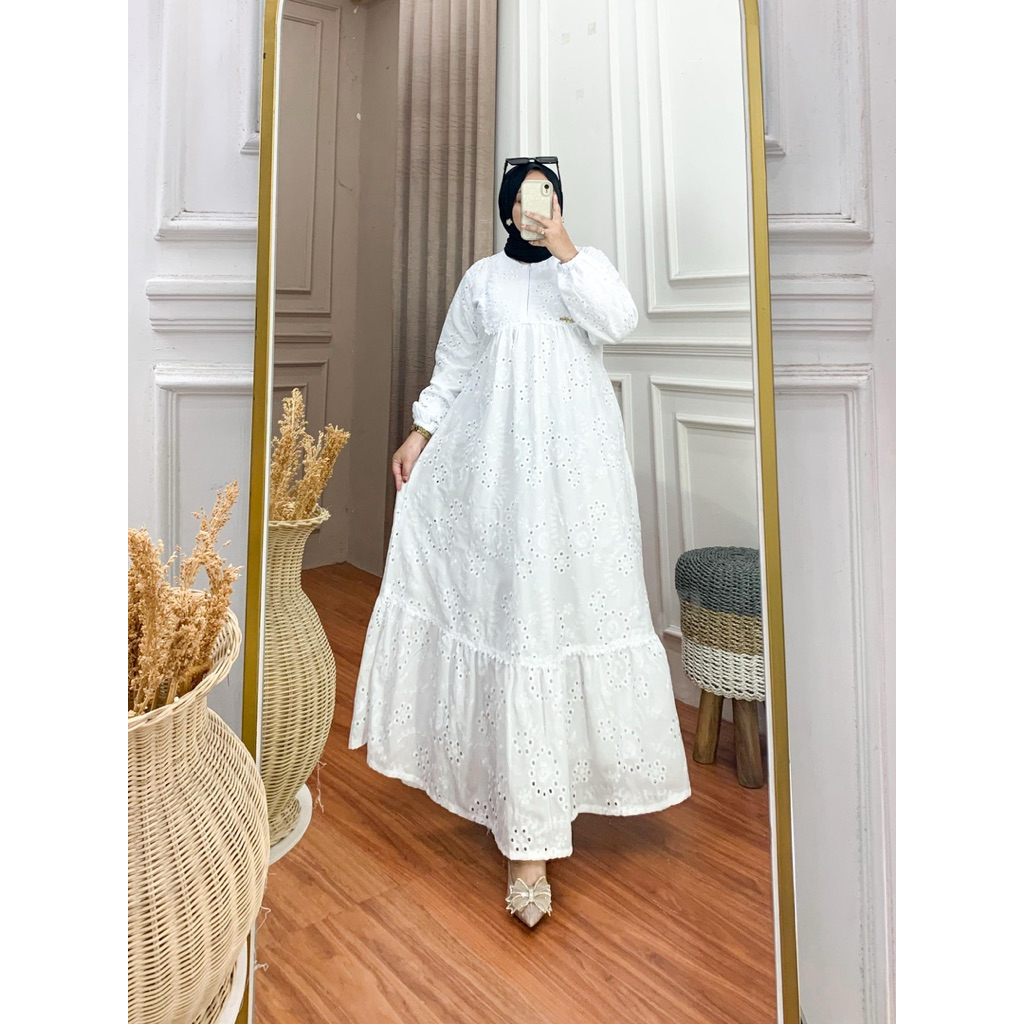 ARUNA DRESS Gamis Putih bahan katun bolong katbol full furing