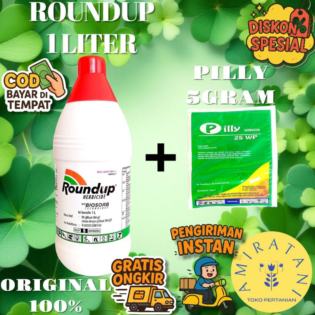 HERBISIDA ROUNDUP 1 LITER + 1 PCS PILLY 5GRAM (PEREKAT/CAMPURAN UNTUK RACUN RUMPUT)